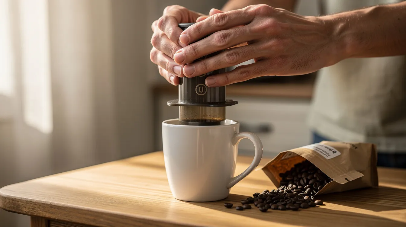 A person is pressing down on an AeroPress, which is positioned on top of a ceramic coffee mug resting on a small wooden table, with a bag of coffee beans nearby, indicating the brewing process of finely ground coffee. The scene captures the essence of making coffee at home using a popular brewing method.