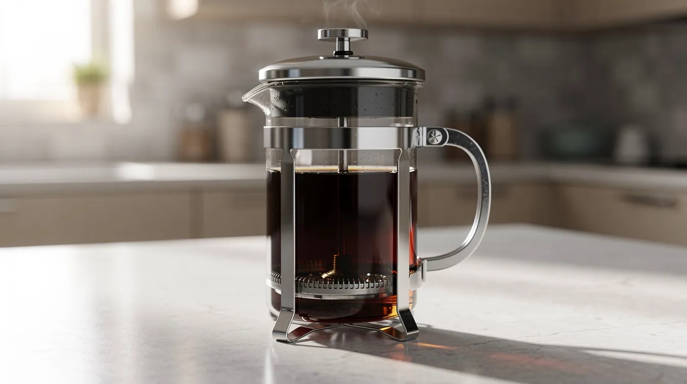A stainless steel French press sits on a kitchen counter, featuring freshly brewed dark coffee with the plunger partially pressed down. This manual coffee maker is perfect for coffee drinkers who appreciate the brewing process and the rich taste of freshly ground coffee.