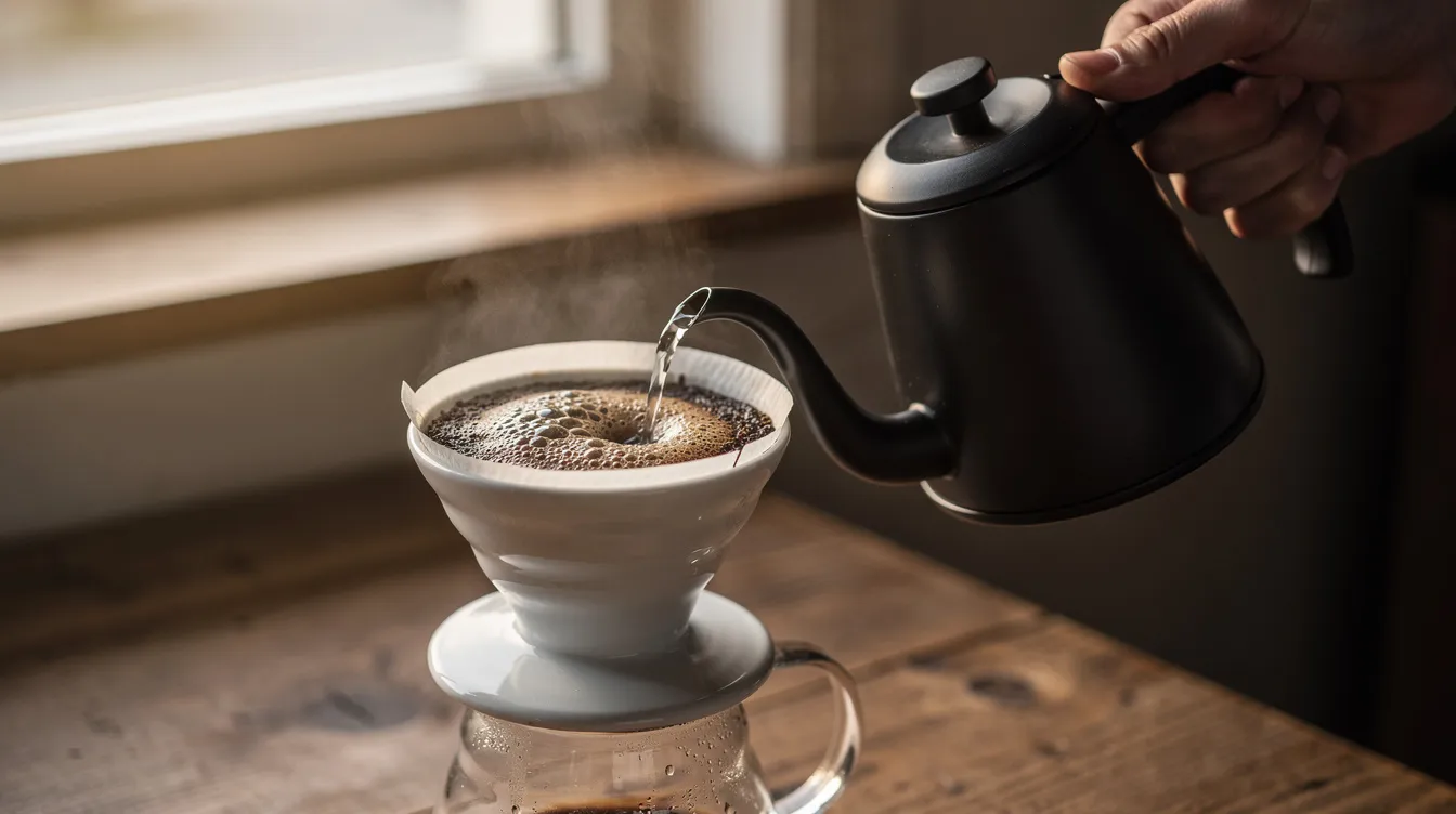 An elegant hand is pouring hot water from a gooseneck kettle over a ceramic pour-over dripper filled with ground coffee, highlighting the brewing method for making aromatic coffees. This scene captures the essence of coffee preparation, emphasizing the rich flavors and unique characteristics of Guatemalan coffee beans, known for their chocolate and caramel notes.