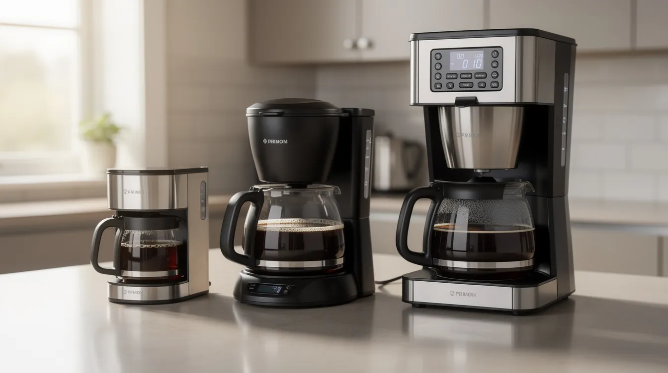 The image features three different styles of drip coffee makers, each varying in size, neatly arranged on a light-colored kitchen counter. These sleek coffee makers highlight their unique designs and functionalities, perfect for brewing delicious coffee, whether in small batches or a full carafe.