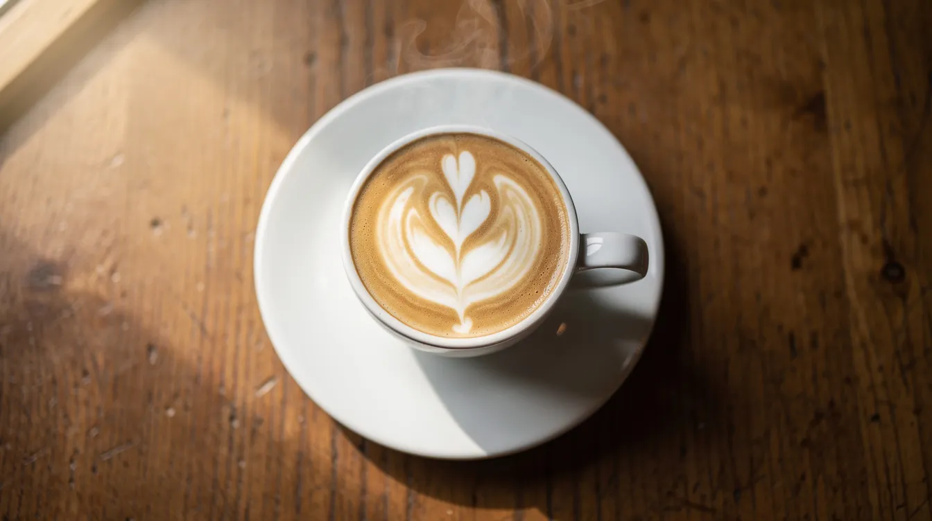 An overhead view showcases a beautifully crafted latte with intricate latte art, presented in a white ceramic cup resting on a rustic wooden table. The image evokes the cozy ambiance of a local coffee shop, highlighting the artistry involved in brewing espresso and steaming milk.