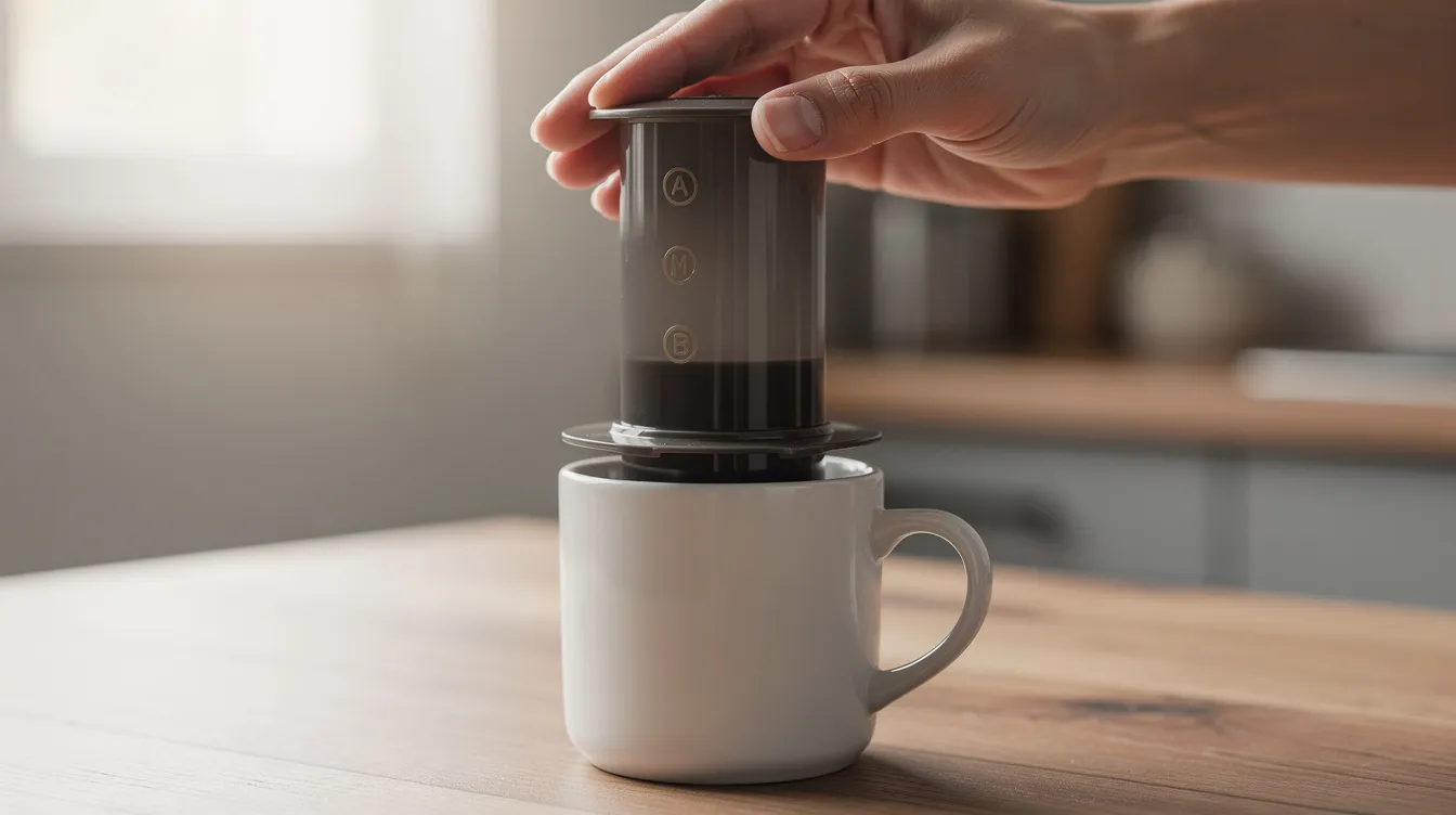 A close-up image shows a hand pressing down on an Aeropress coffee maker, which is positioned on top of a ceramic mug, illustrating the brewing process of coffee. This method, often compared to the French press, highlights the use of a metal filter for a cleaner cup and rich flavor extraction.