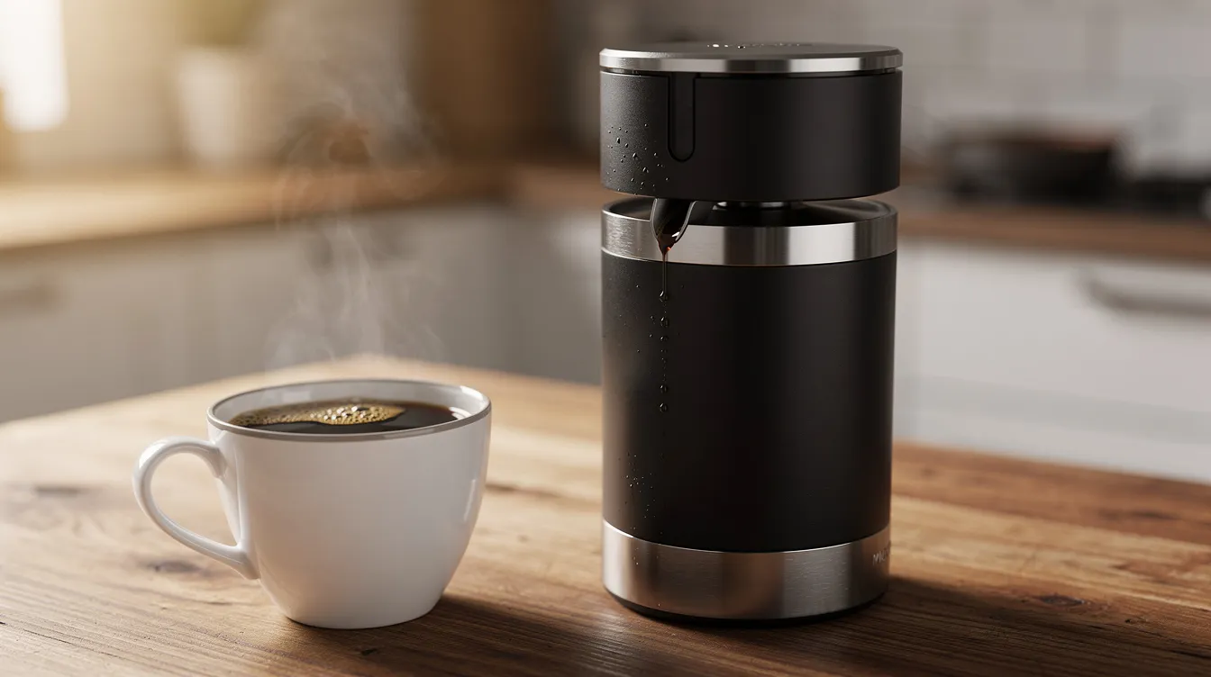 A compact cylindrical Aeropress coffee maker is placed on a wooden kitchen counter next to a steaming cup of delicious black coffee, showcasing the simple yet effective brewing process favored by coffee lovers. The scene highlights the immersion brewer's ability to produce smooth coffee with rich flavors, making it a popular choice for both casual drinkers and coffee professionals.