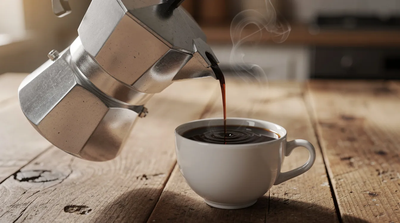 A moka pot is pouring dark, concentrated coffee into a small white ceramic cup, placed on a wooden table, showcasing the brewing process of moka coffee. The scene captures the rich aroma of freshly brewed coffee, perfect for those who appreciate good coffee made with stovetop coffee makers like the Bialetti moka express.