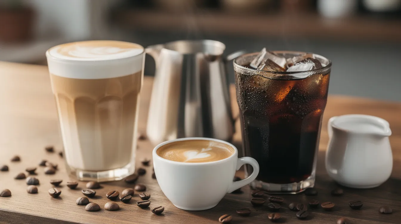 The image features a variety of coffee drinks including a rich espresso, creamy latte, and refreshing cold brew, all beautifully arranged on a cafe counter, showcasing the diverse world of coffee consumption. This display highlights the importance of fair trade products and sustainable coffee production practices, emphasizing the role of ethical sourcing in enjoying these popular beverages.