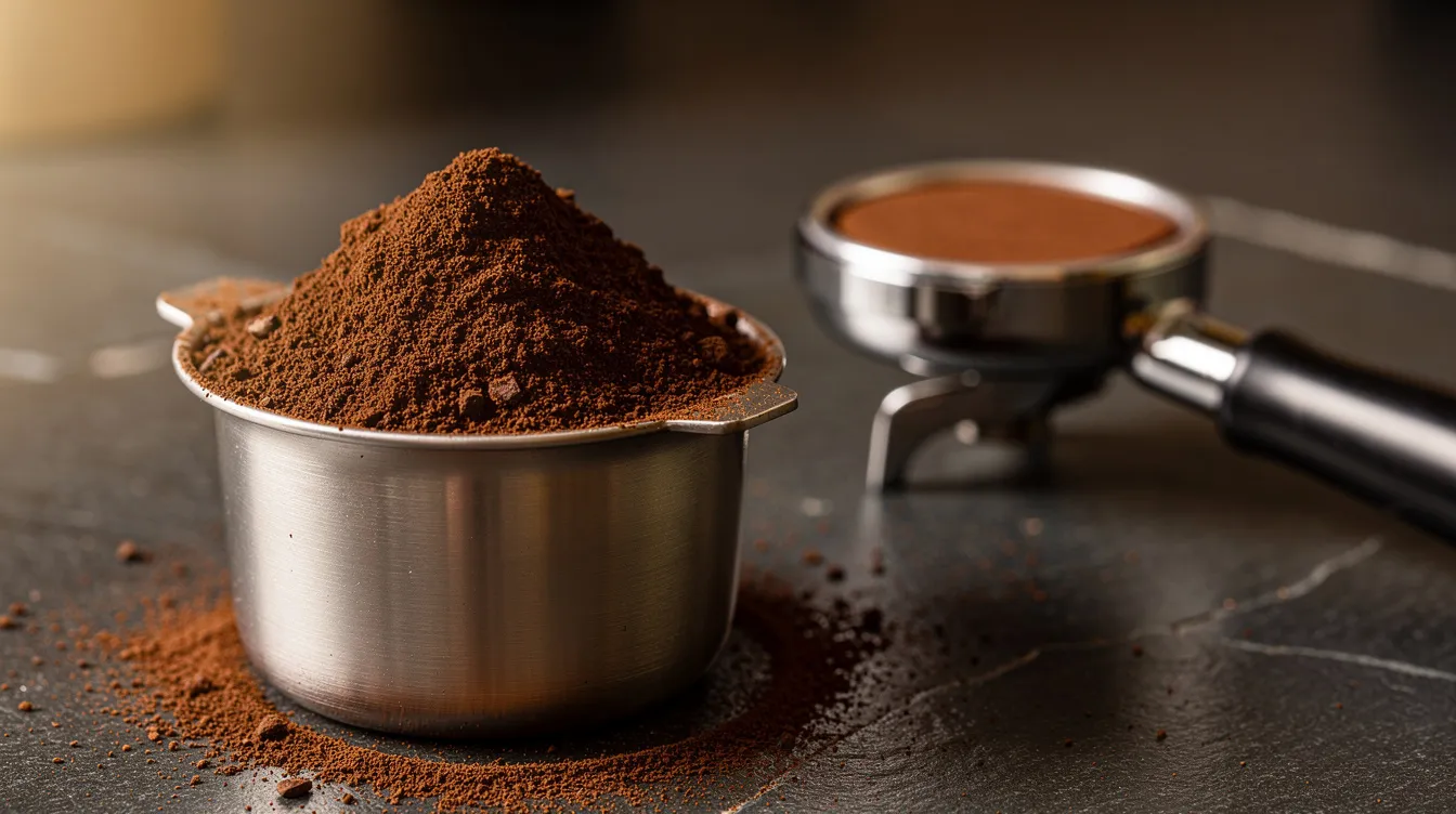 The image shows freshly ground coffee in a metal dosing cup, placed next to a portafilter on a dark countertop, highlighting the grind quality essential for brewing methods like espresso. This setup is ideal for coffee lovers seeking consistent grind from their favorite espresso grinder.