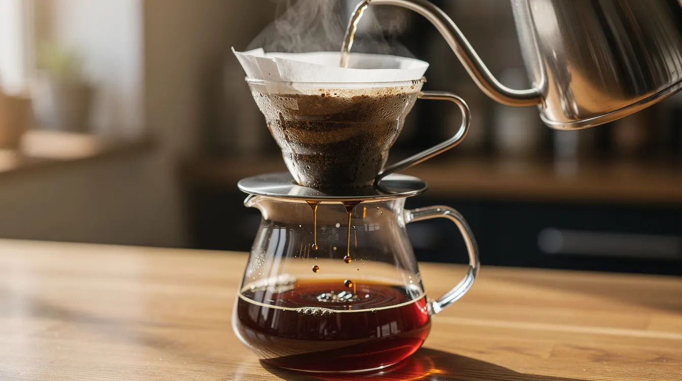 A pour-over dripper is depicted with hot water cascading over medium roast coffee grounds, creating a rich brew that drips into a glass server below. This scene highlights the art of coffee brewing, appealing to coffee enthusiasts who appreciate the distinct flavors of medium roast beans.