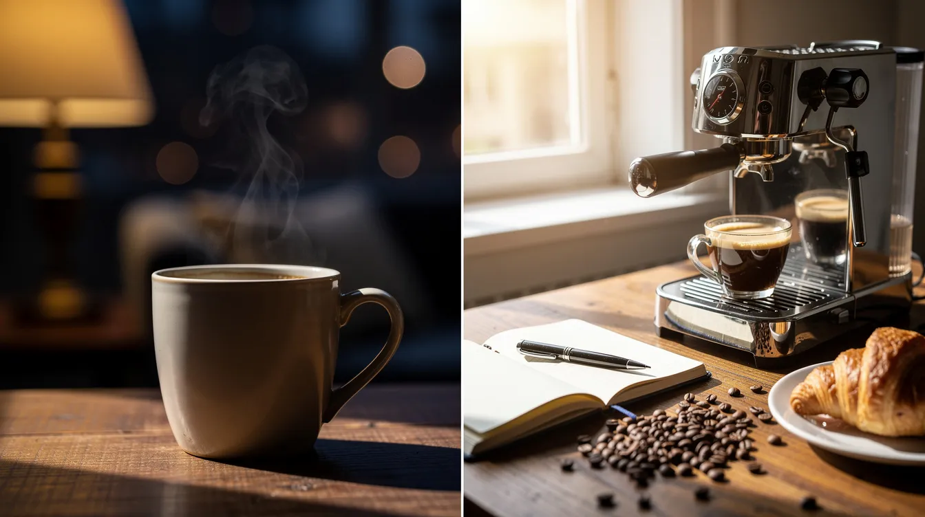 The image showcases a split view featuring a serene evening coffee mug filled with dark roast coffee on one side, while the other side displays a vibrant morning coffee setup with various coffee pods, including flavored K cups and a Keurig machine, perfect for coffee lovers starting their busy mornings.