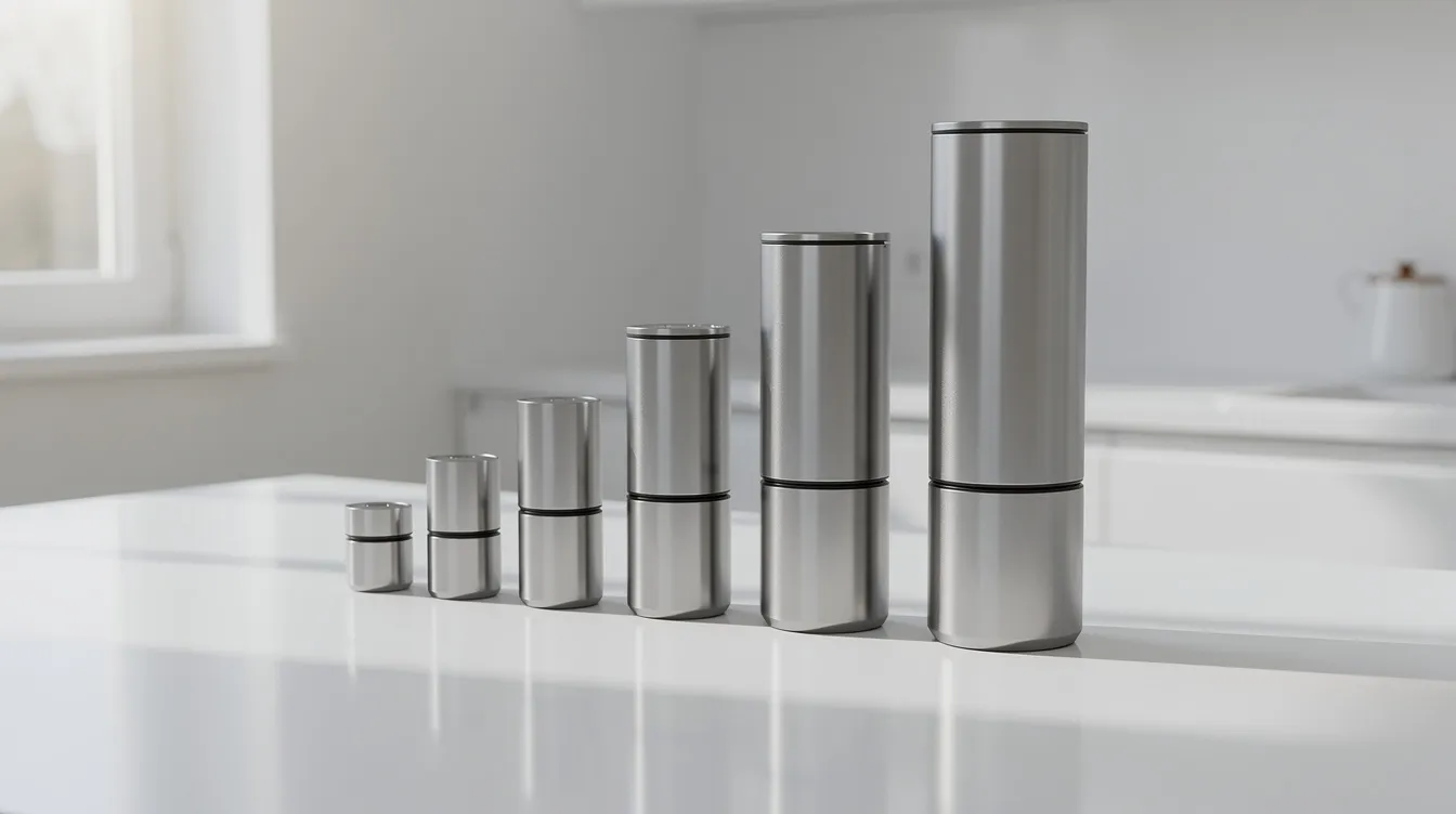 The image features several cylindrical coffee brewers of varying sizes, including an Aeropress coffee maker, arranged neatly on a clean white countertop. This setup showcases different brewing methods, perfect for coffee lovers looking to explore delicious coffee options.