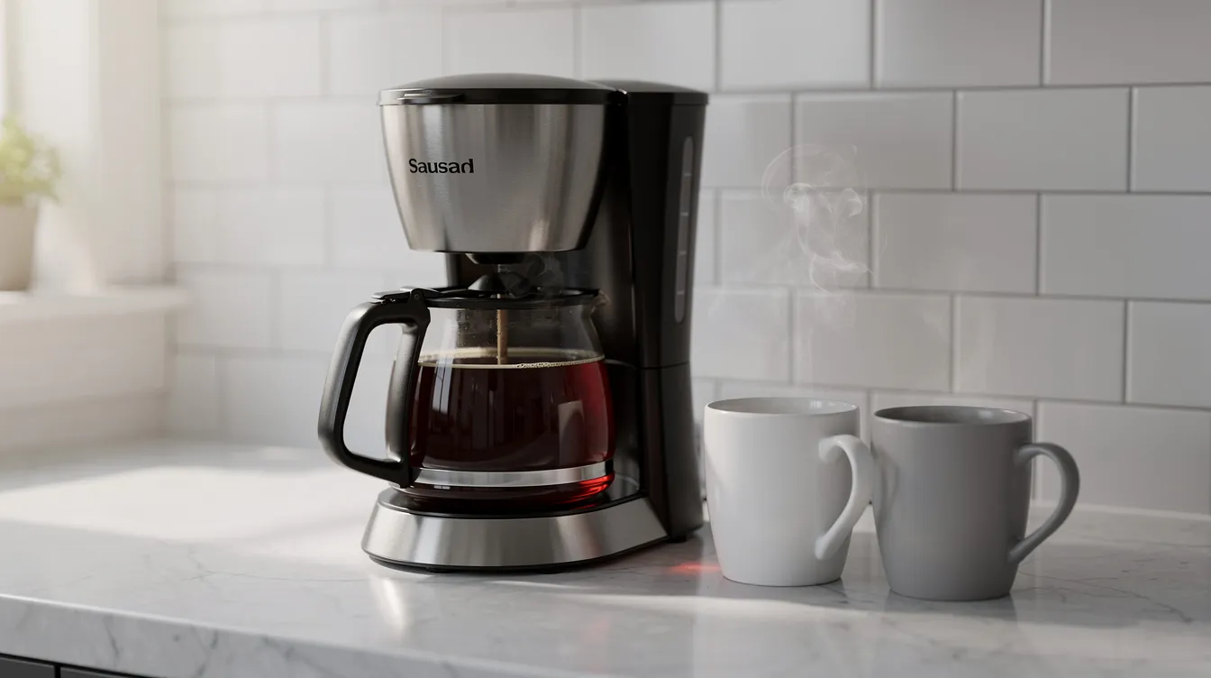 The image features a modern kitchen countertop showcasing a drip coffee maker alongside a freshly brewed pot of hot coffee, with two ceramic mugs ready for serving. The sleek design of the coffee machine complements the overall aesthetic, making it an ideal choice for coffee drinkers looking for a good cup of coffee.