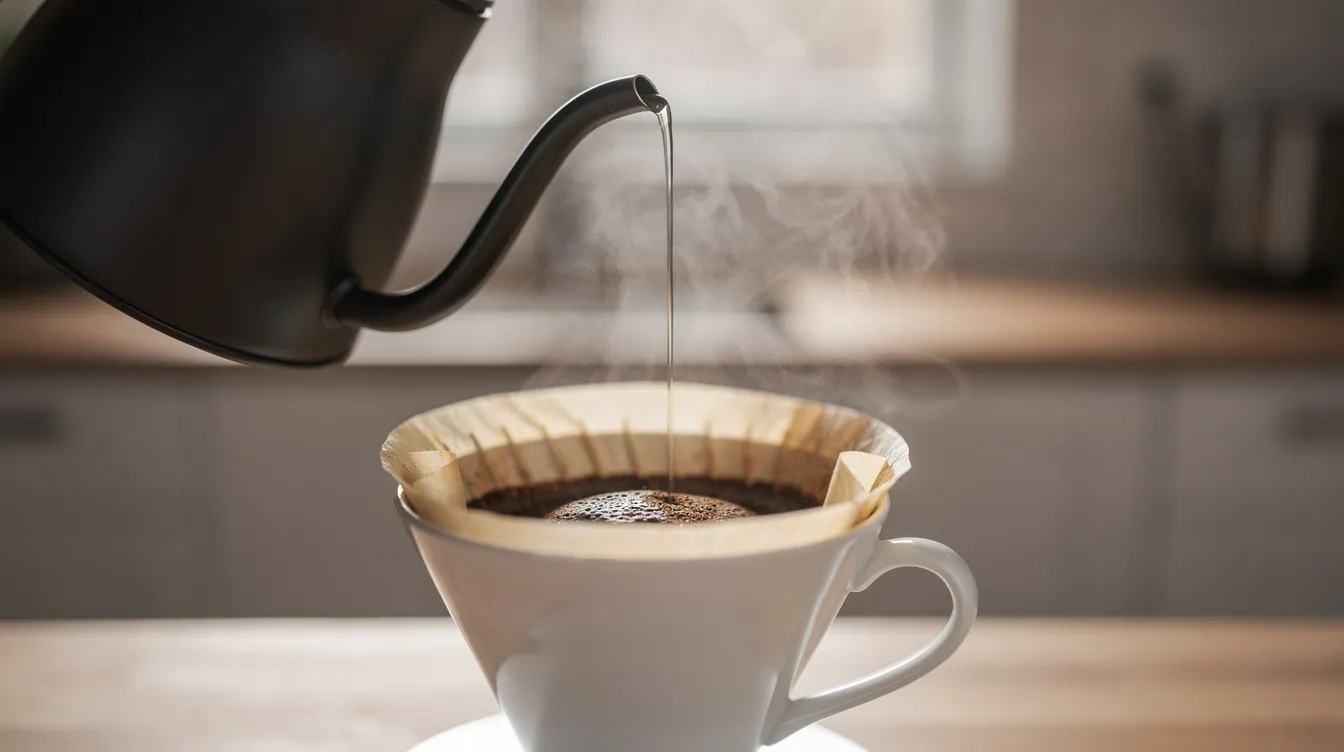 A close-up image shows hot water being poured from a gooseneck kettle into a cone-shaped coffee dripper, where light brown coffee is visible through the paper filter, illustrating the pour over technique for brewing coffee. The scene captures the precision of the pouring process, essential for achieving a balanced cup of coffee.