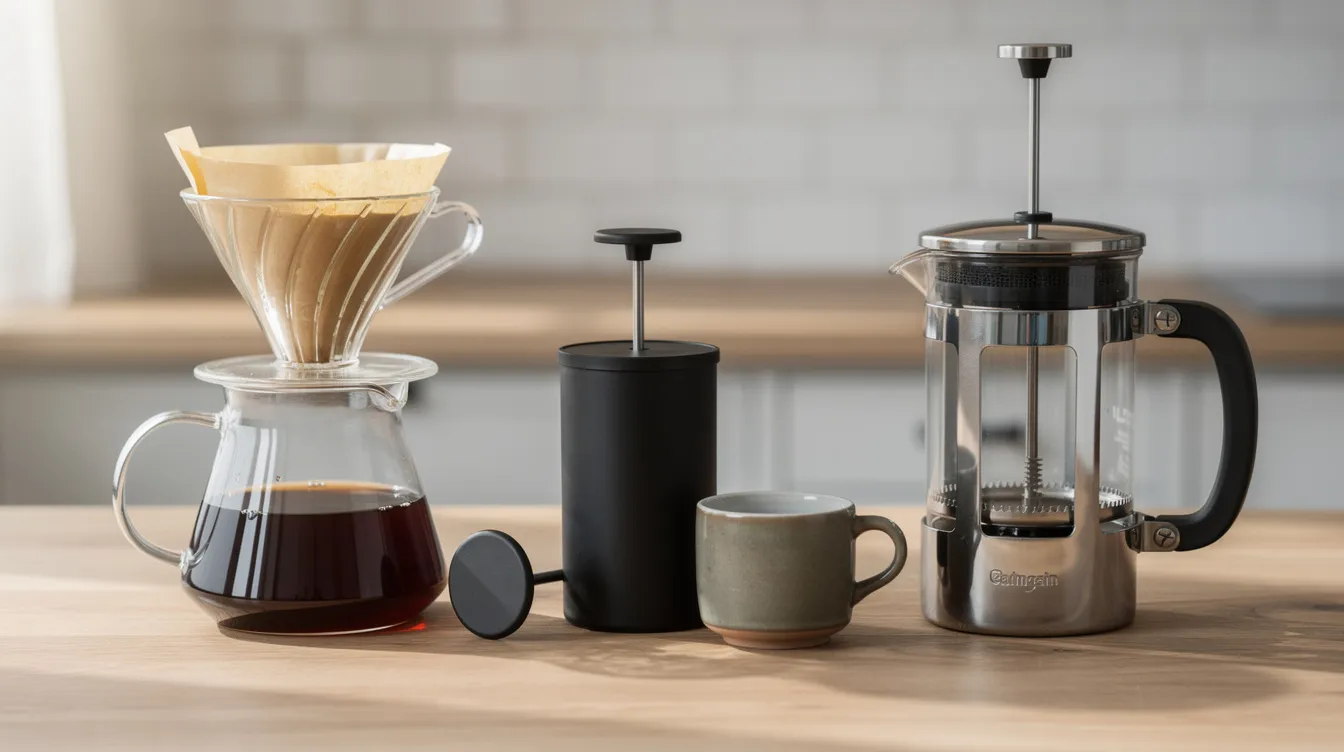 The image features several manual coffee brewing devices, including a classic Chemex coffee maker made of heat-resistant borosilicate glass, a small plastic press brewer, and a metal French press, all arranged neatly on a light wooden countertop. These coffee makers highlight different methods for brewing coffee, appealing to coffee drinkers who appreciate the brewing process and the unique flavors of each method.