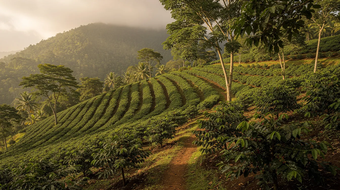 A lush, rolling green hillside showcases a vibrant coffee farm, where rows of coffee plants thrive under a partial shade canopy in a tropical mountain setting. This picturesque scene highlights the rich history of coffee cultivation and the beauty of coffee production in a natural environment.