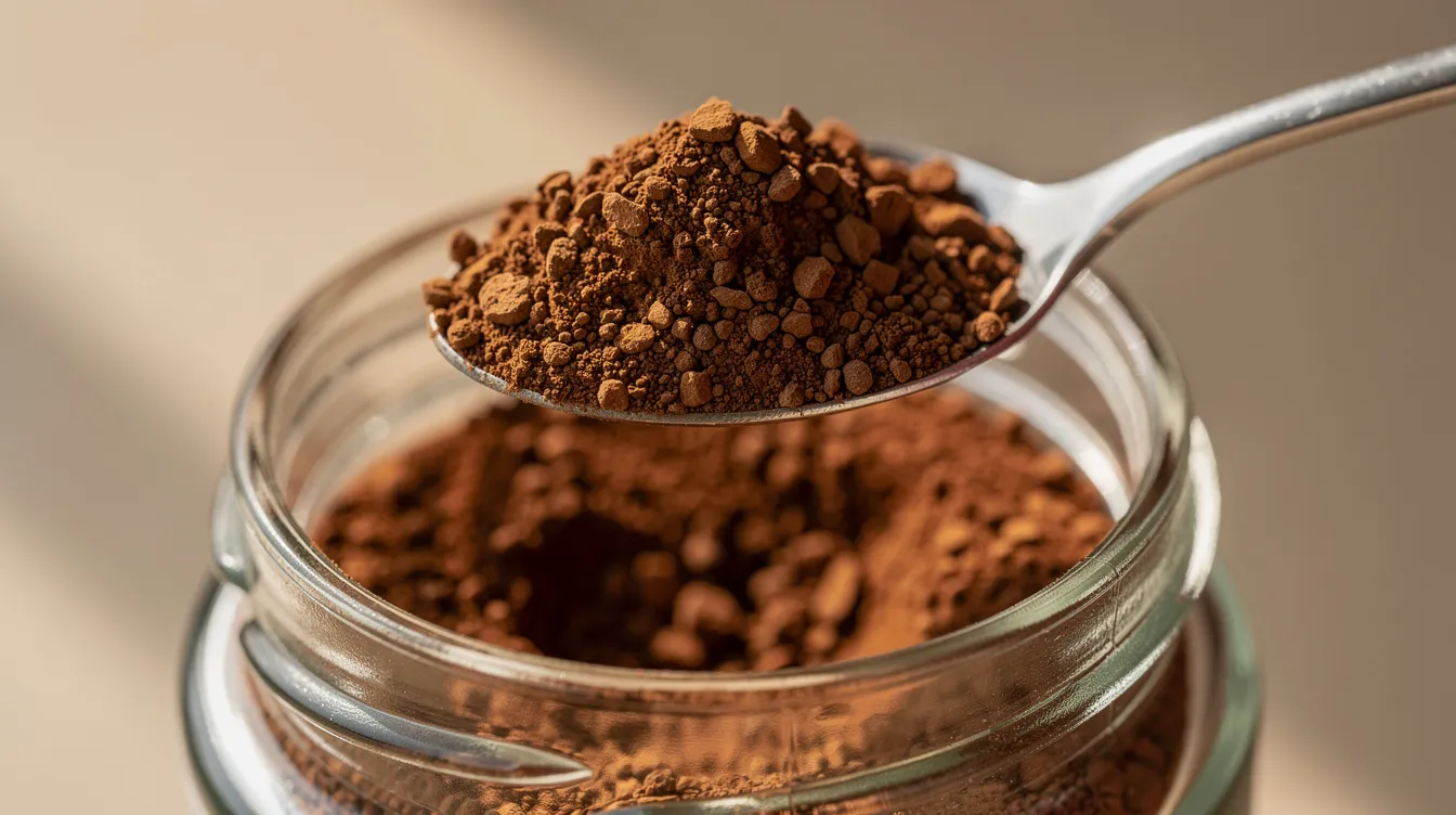 A close-up image shows freeze-dried instant coffee granules being carefully spooned from a glass jar, highlighting the rich texture and color of the instant coffee. This visual emphasizes the appeal of high-quality instant coffee, perfect for coffee lovers seeking the best instant options for their morning cup.