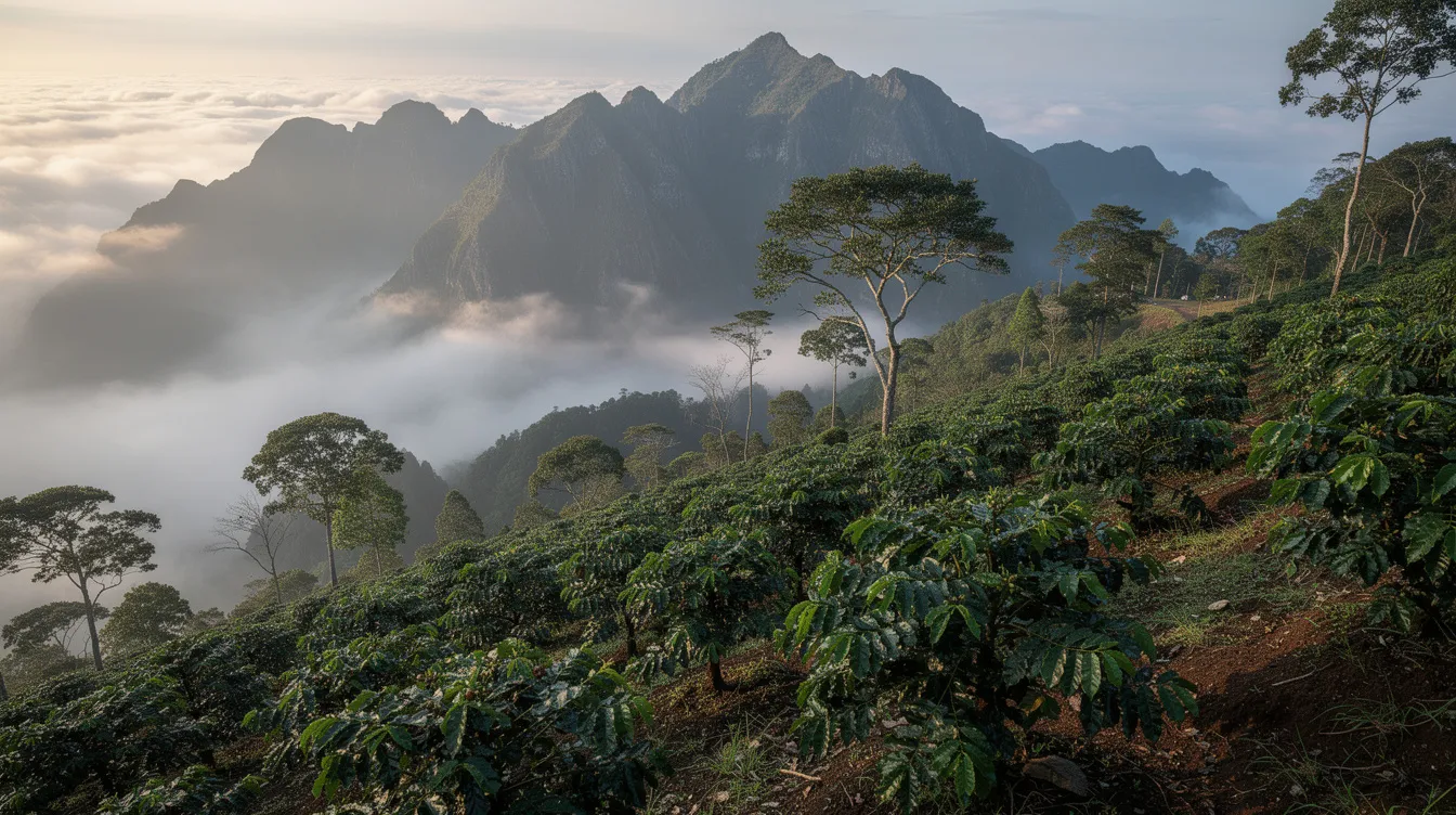 A lush green coffee plantation sprawls across a steep hillside, surrounded by mountainous terrain and shrouded in misty clouds, showcasing the exceptional quality of Honduran coffee. This picturesque scene highlights the coffee growing regions of Honduras, where local farmers cultivate the best coffee beans known for their robust flavor and rich tasting notes.