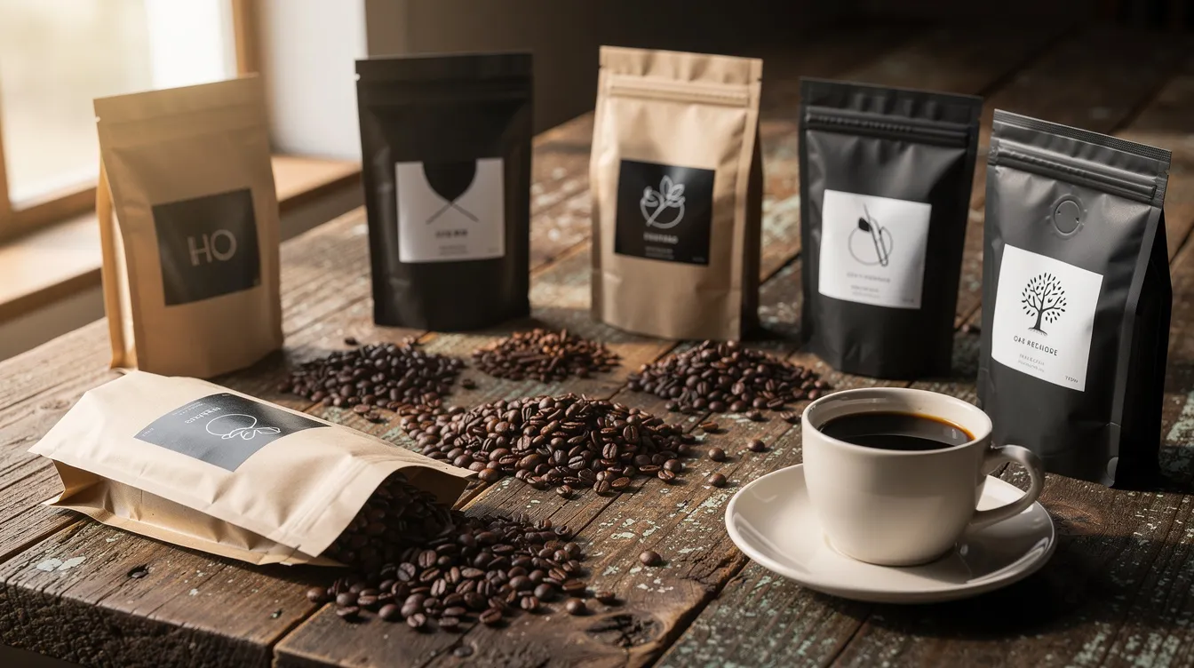 The image features an assortment of coffee bags and loose coffee beans scattered across a rustic wooden table, with a ceramic cup of freshly brewed coffee nearby, inviting coffee drinkers to enjoy a rich and aromatic morning coffee experience. The scene captures the essence of specialty roasters and the allure of various coffee blends, perfect for a taste test.
