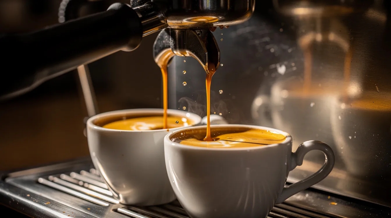 A close-up view of rich golden crema forming as espresso is extracted from a portafilter into two small ceramic cups, showcasing the precision of an espresso machine. The scene highlights the beauty of great espresso shots, perfect for home espresso enthusiasts and aficionados alike.