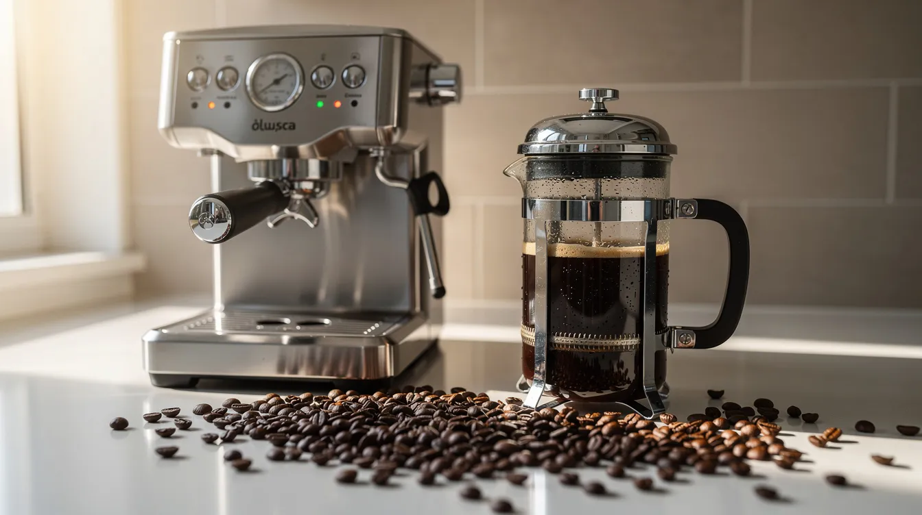 The image shows a French press and an espresso machine placed side by side on a kitchen counter, with fresh coffee beans scattered nearby, inviting coffee enthusiasts to explore various brewing methods and flavors. The scene captures the essence of specialty coffee, perfect for coffee lovers who appreciate diverse coffee varieties from regions such as Colombia and Guatemala.