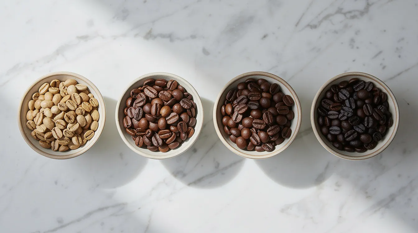The image features four small bowls arranged in a row on a marble surface, each containing coffee beans at varying roast levels, from light golden to dark oily. This visual showcases the diversity of coffee beans, highlighting the spectrum from light roasts, which are often used for cold brew coffee, to the dark roast that can offer a rich, caramel-like flavor.