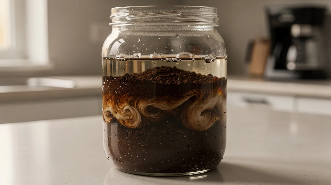 A glass jar filled with coarse coffee grounds is steeping in water on a kitchen counter, showcasing the cold brew method of coffee brewing. This immersion brewing technique highlights the coffee to water ratio, essential for achieving the perfect cup of coffee.