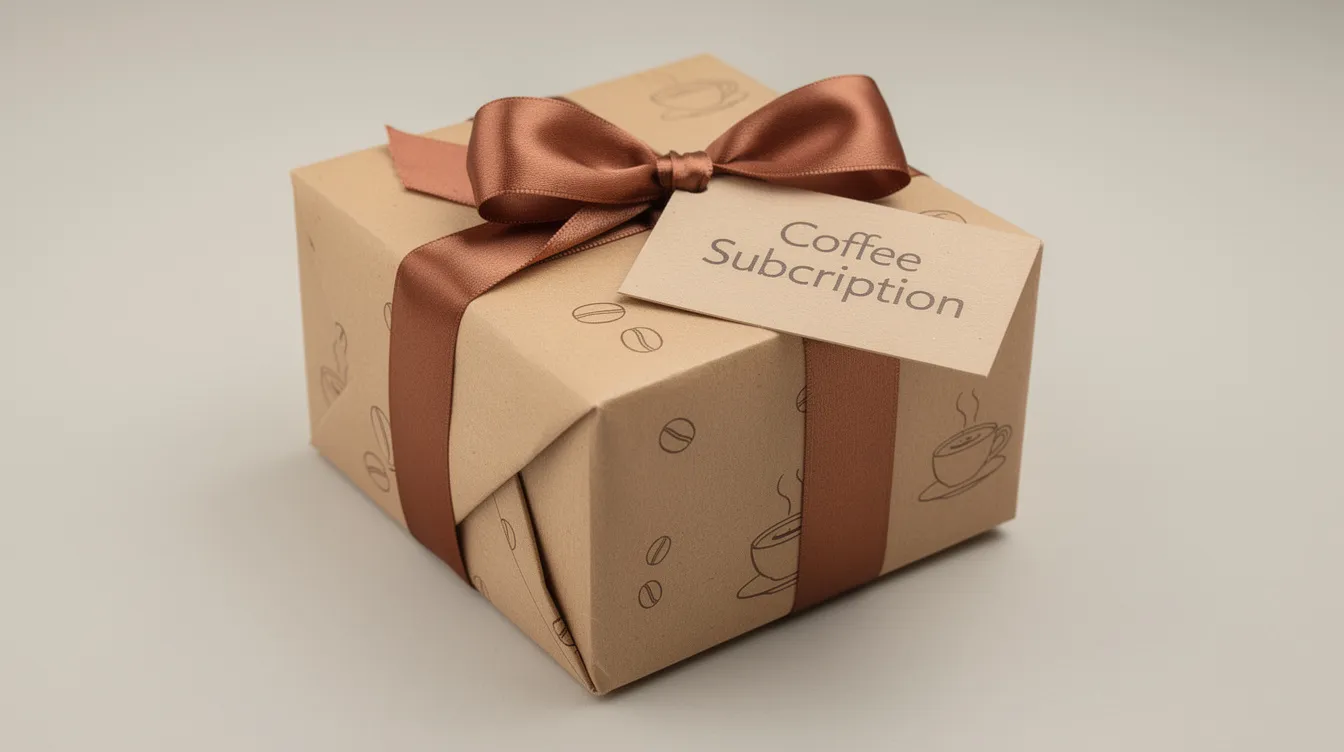 The image features a neatly wrapped coffee subscription gift box adorned with a ribbon and accompanied by a small card, perfect for coffee lovers eager to explore freshly roasted coffee and exceptional flavors. This beautifully presented box symbolizes the joy of receiving high-quality coffee from independent roasters, making it an ideal gift for any coffee drinker.
