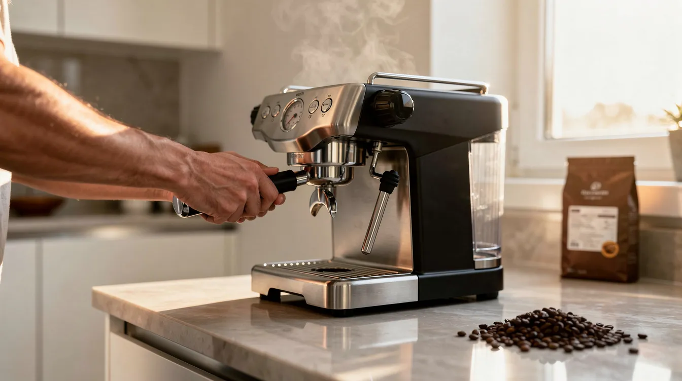 A person is operating a semi-automatic espresso machine with a portafilter on a sleek modern kitchen counter, surrounded by coffee beans, showcasing the brewing process for a perfect cup of espresso. The scene highlights the elegance of the espresso machine and the inviting aroma of fresh coffee in the air.