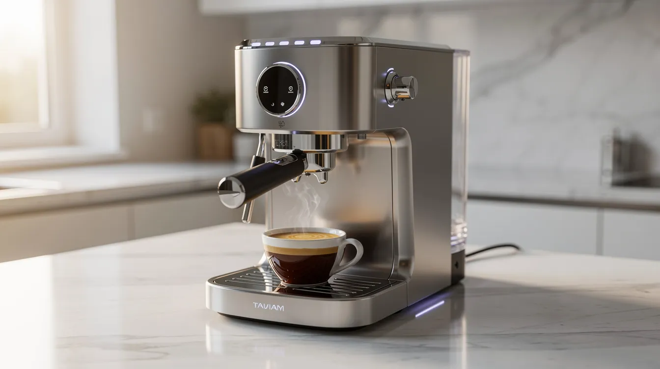 A sleek automatic espresso machine is prominently displayed on a clean marble kitchen countertop, showcasing a freshly pulled espresso shot in a white cup. This modern coffee maker highlights the convenience of super automatic espresso machines, perfect for coffee drinkers seeking great espresso quality at home.