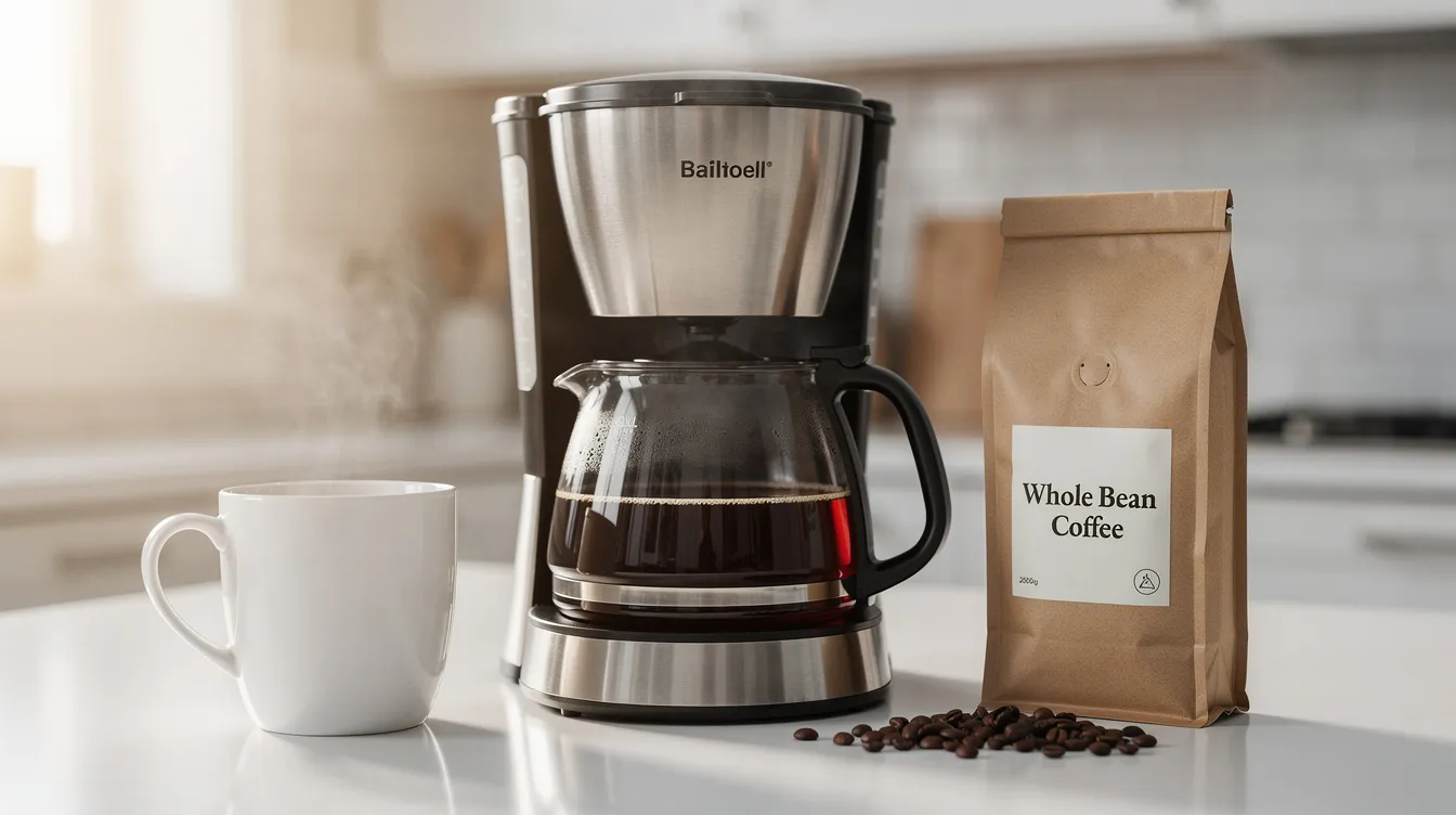 The image features a Technivorm Moccamaster coffee maker on a clean kitchen counter, accompanied by a bag of whole bean coffee and a ceramic mug. This setup highlights the brewing process, with the coffee machine ready to start brewing a delicious cup of coffee.