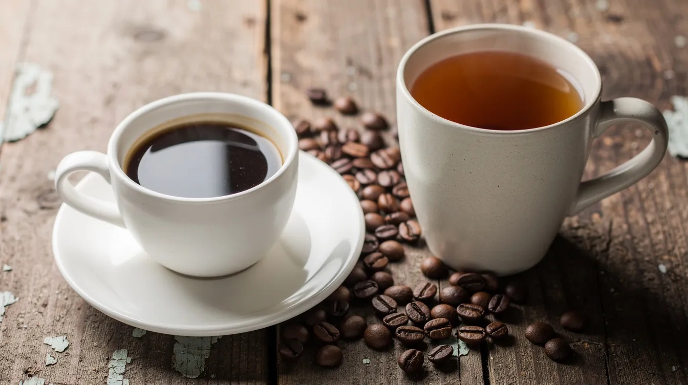 The image features two ceramic cups of brewed coffee on a rustic wooden table, one cup filled with dark, syrupy coffee and the other with a lighter amber brew, surrounded by scattered whole roasted coffee beans. This scene highlights the contrasting flavors and qualities of Brazilian and Colombian coffee, appealing to coffee lovers and enthusiasts alike.