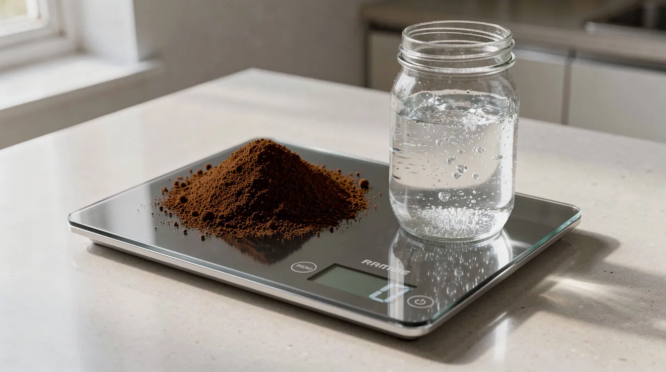 A kitchen scale sits on a clean countertop, displaying coarsely ground coffee on one side and a glass jar filled with cold water on the other, essential tools for making cold brew coffee. This setup highlights the brewing process, where the coffee grounds will soon steep in cold water to create a refreshing iced coffee concentrate.