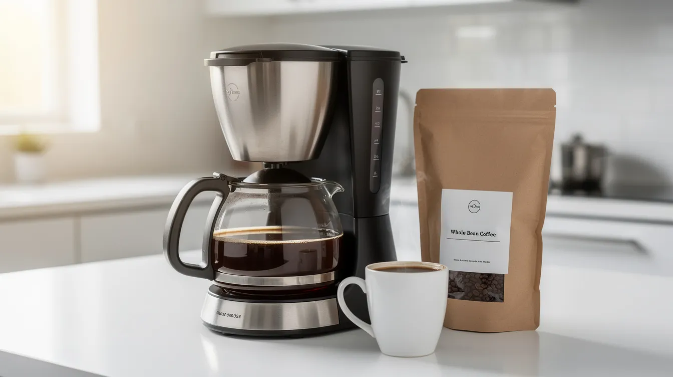 A modern automatic drip coffee maker is prominently displayed on a clean kitchen countertop, accompanied by a bag of whole bean coffee and a ceramic mug, suggesting an inviting setup for coffee drinkers looking to brew the perfect cup. The sleek design of the coffee machine adds a stylish touch to the kitchen space.
