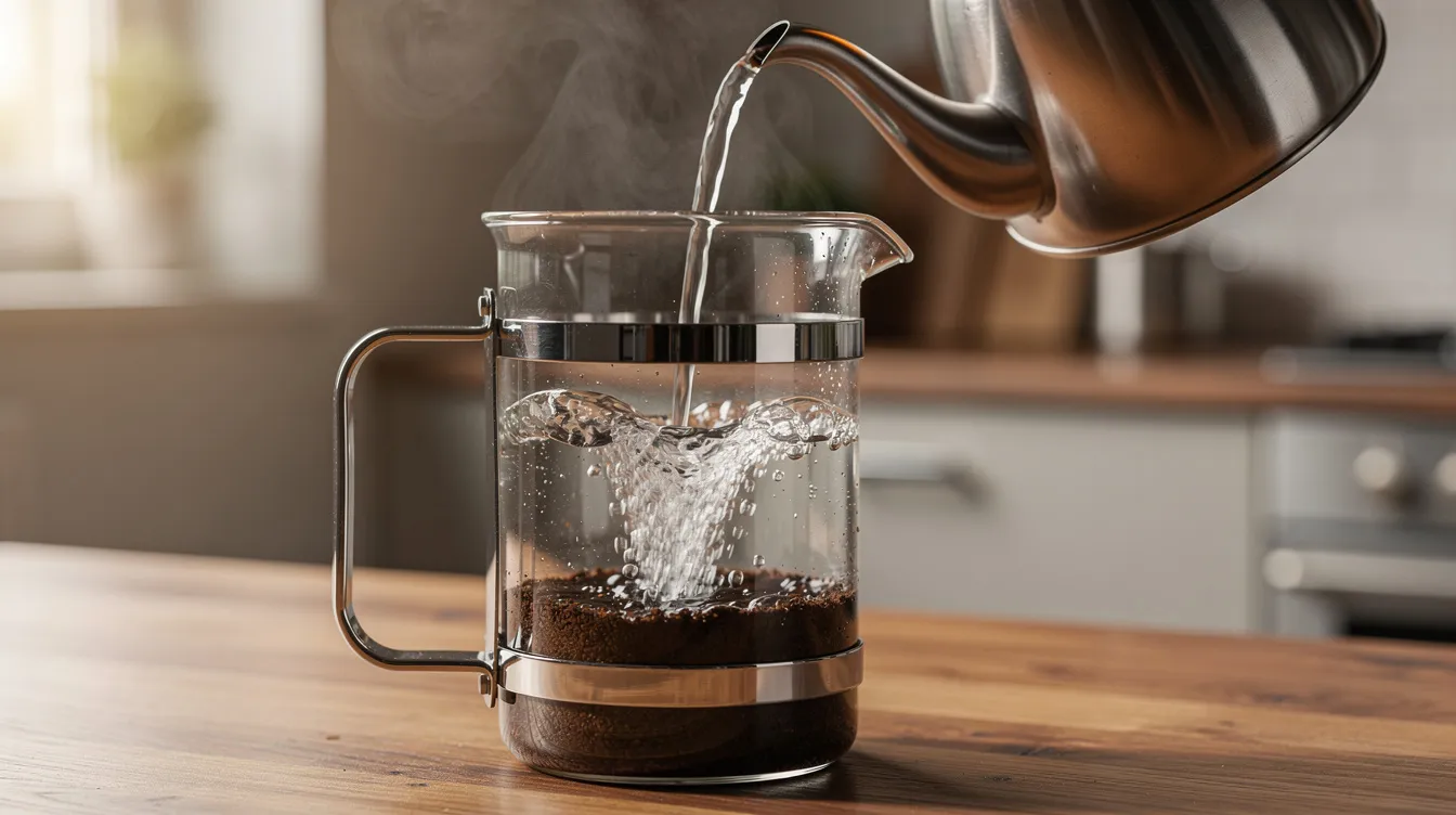 A close-up view of a glass French press sits on a kitchen table, showcasing coarsely ground coffee inside as hot water is slowly poured from a standard kettle, illustrating the immersion brewing process for making coffee. The scene highlights the brewing method used to create a full-bodied cup of coffee.