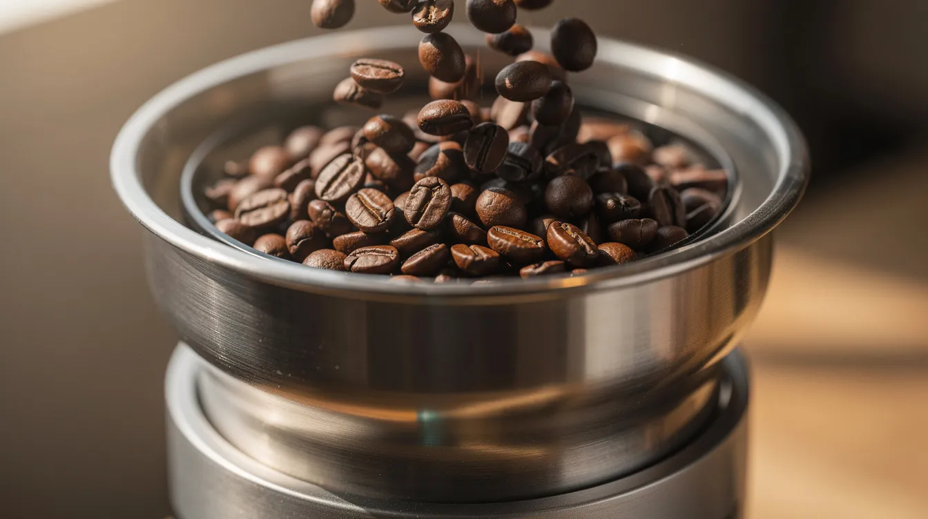A close-up image shows coffee beans being poured into a sleek stainless steel burr grinder, highlighting the precision and quality essential for home baristas and coffee lovers. The scene captures the moment of preparation, emphasizing the importance of using the right coffee gear for an enjoyable brewing experience.