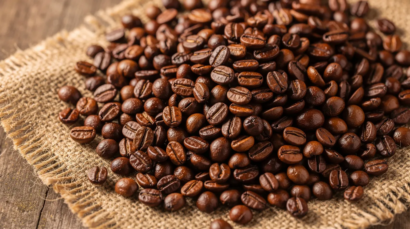 The image shows freshly roasted coffee beans scattered across a burlap sack, resting on a rustic wooden surface, highlighting the rich textures and colors of the beans. This scene evokes the essence of fair trade coffee, emphasizing the importance of ethical sourcing and sustainable farming methods in the coffee industry.