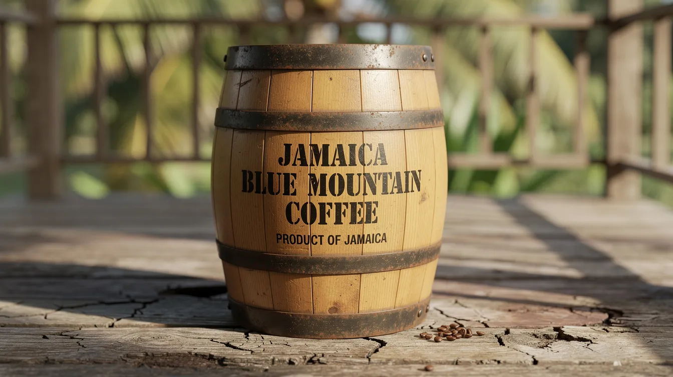 The image depicts a traditional wooden barrel, typically used for shipping Jamaican coffee, resting on a rustic porch surrounded by lush greenery. This barrel symbolizes the rich heritage of Jamaican blue mountain coffee, known for its exceptional quality and delicate balance of flavors.
