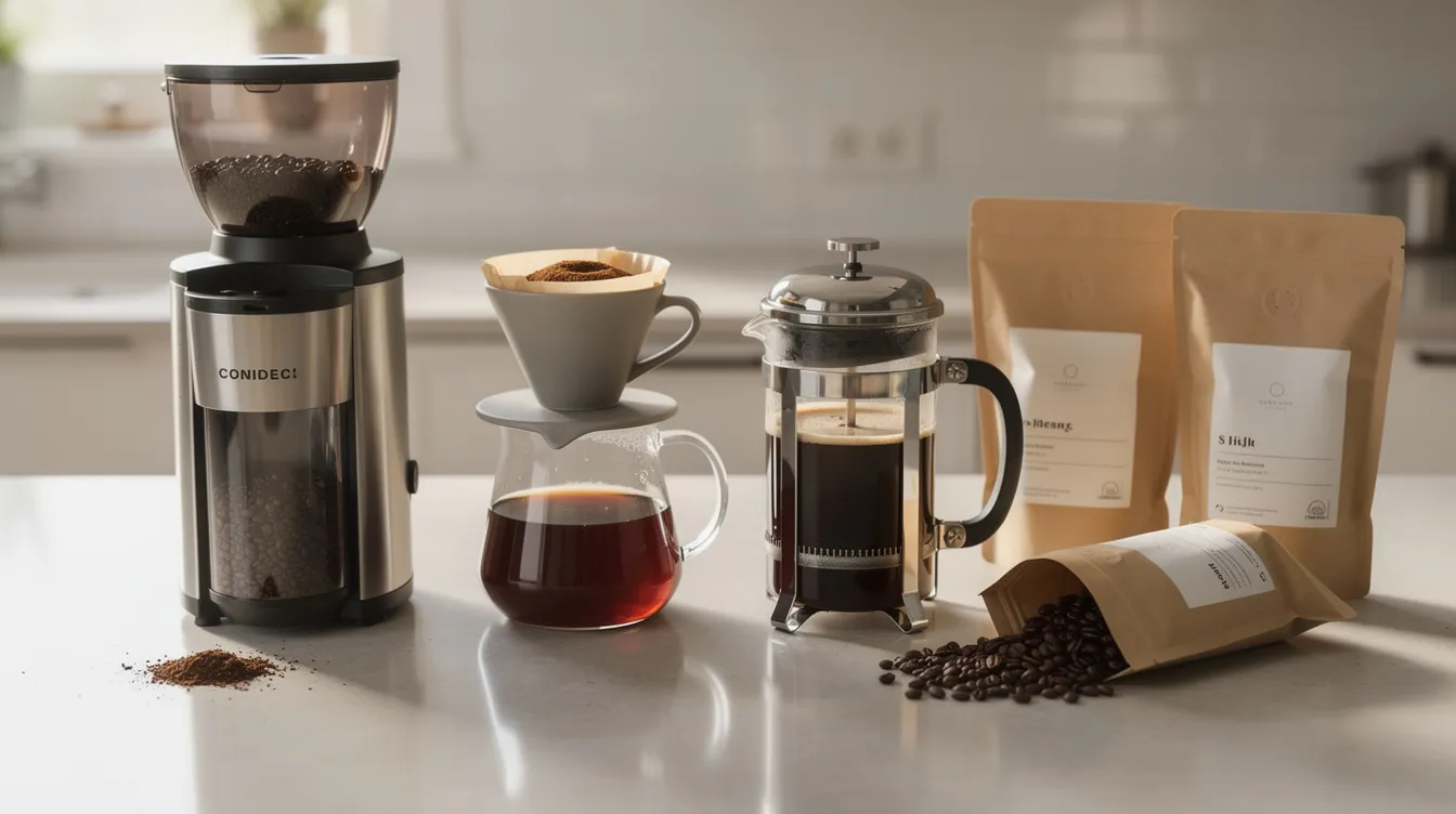 The image features a kitchen countertop adorned with various coffee brewing equipment, including a pour-over dripper, a French press, and a burr grinder, alongside bags of whole bean coffee. This setup is perfect for coffee lovers and enthusiasts looking to enhance their coffee brewing experience at home.