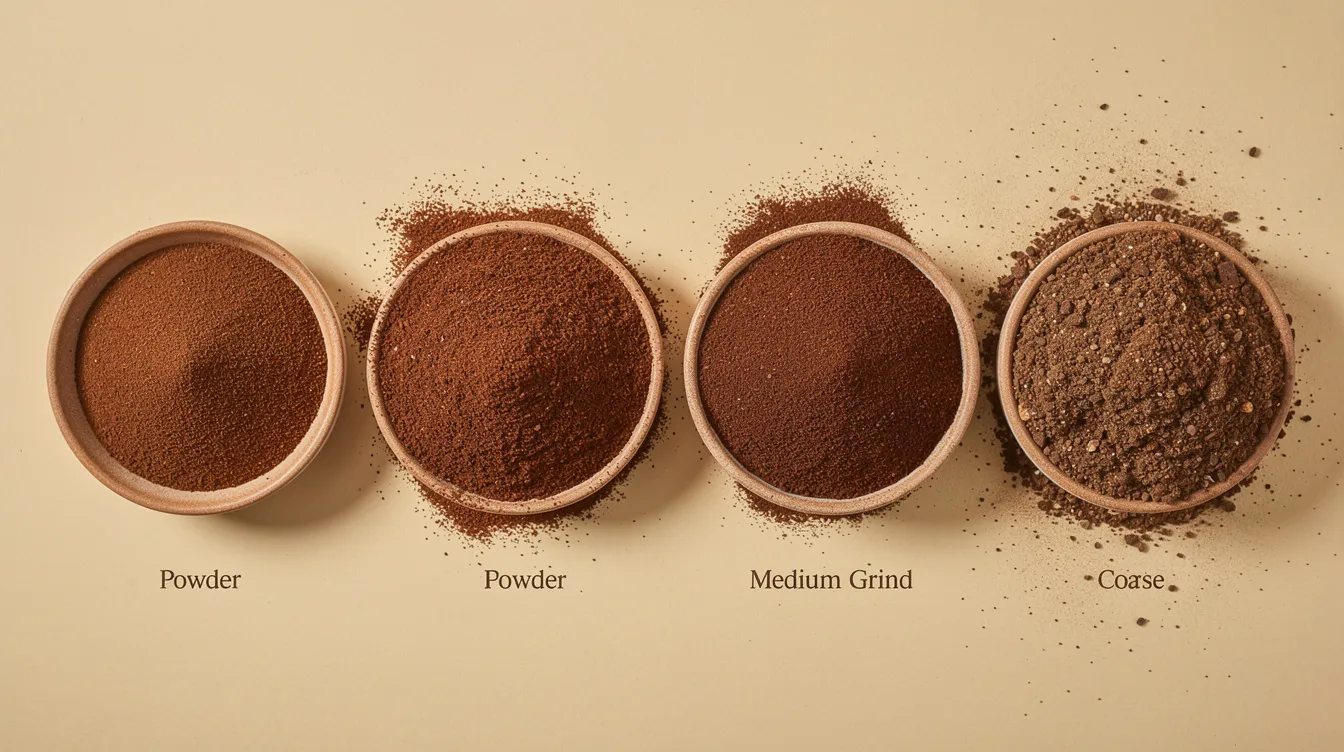 The image displays an assortment of coffee grounds arranged in small bowls, showcasing various grind sizes from fine to coarse on a light background. This visual emphasizes the importance of grind consistency, which is crucial for achieving the best tasting coffee with different brewing methods, such as espresso or French press.