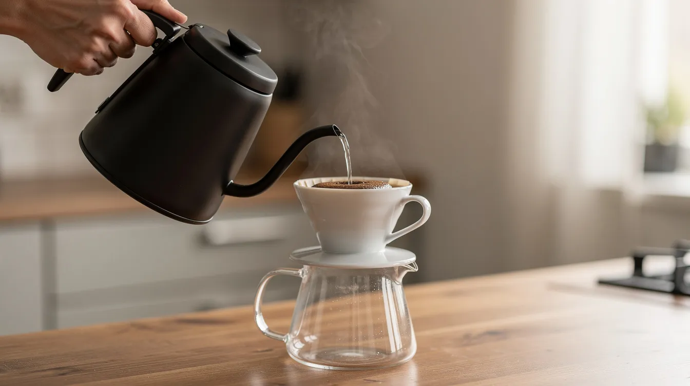 A hand is pouring hot water from a gooseneck kettle into a ceramic pour-over dripper, which is positioned on top of a glass carafe, demonstrating a popular coffee brewing method. This scene captures the precise pouring technique essential for making a flavorful cup of coffee from freshly ground coffee beans.