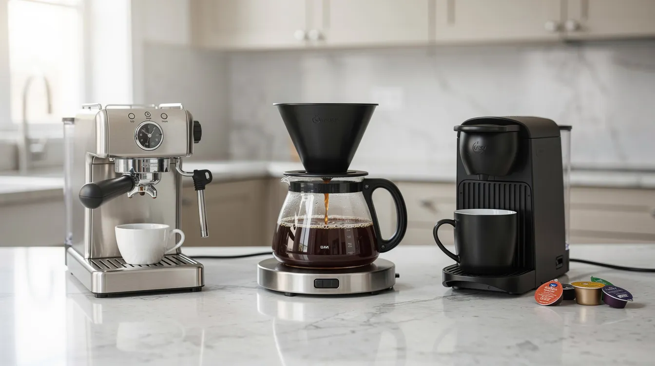 The image showcases a variety of coffee machines on a light-colored kitchen countertop, including a small espresso machine, a drip carafe maker, and a pod brewer, highlighting options for coffee drinkers who appreciate both manual and automatic espresso machines. Each machine is designed to brew fresh coffee, with features such as steam wands for milk frothing and removable water tanks for convenience.