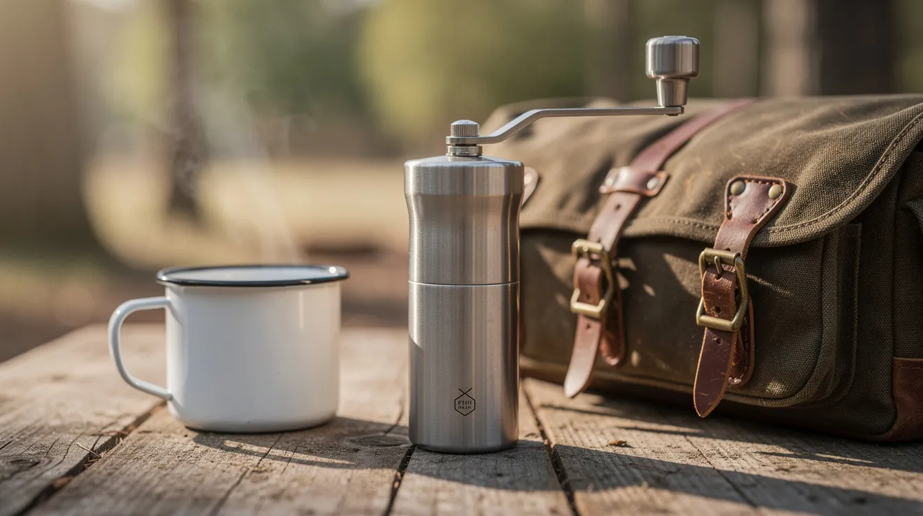 A compact stainless steel hand coffee grinder sits next to a camping mug and travel bag on a wooden table, showcasing its portability for coffee lovers who enjoy brewing fresh coffee while on the go. This manual grinder features conical burrs for a consistent grind, making it ideal for various brewing methods like pour over and French press.
