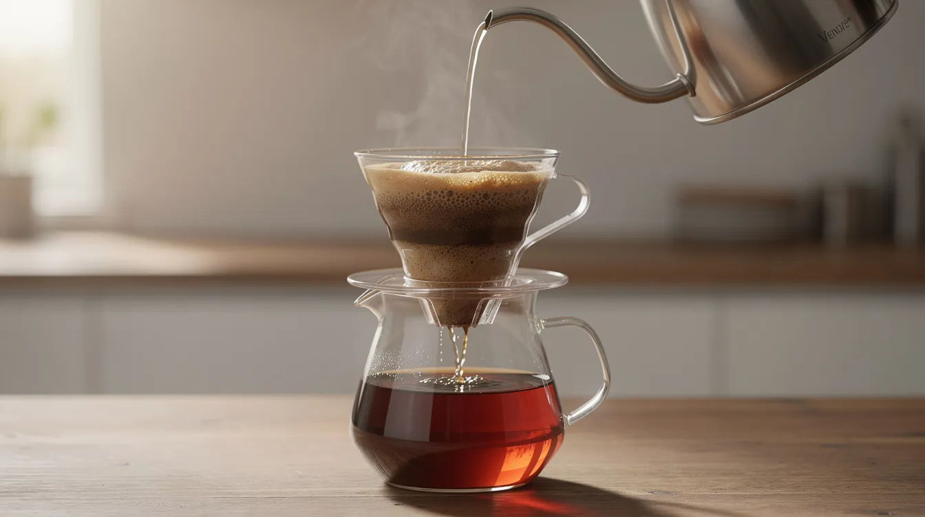 A glass pour-over coffee dripper is shown with hot water cascading over medium-ground Jamaican Blue Mountain coffee, highlighting the rich aroma and exceptional quality of this prestigious brew. The scene captures the delicate balance of flavors that make this coffee renowned worldwide.