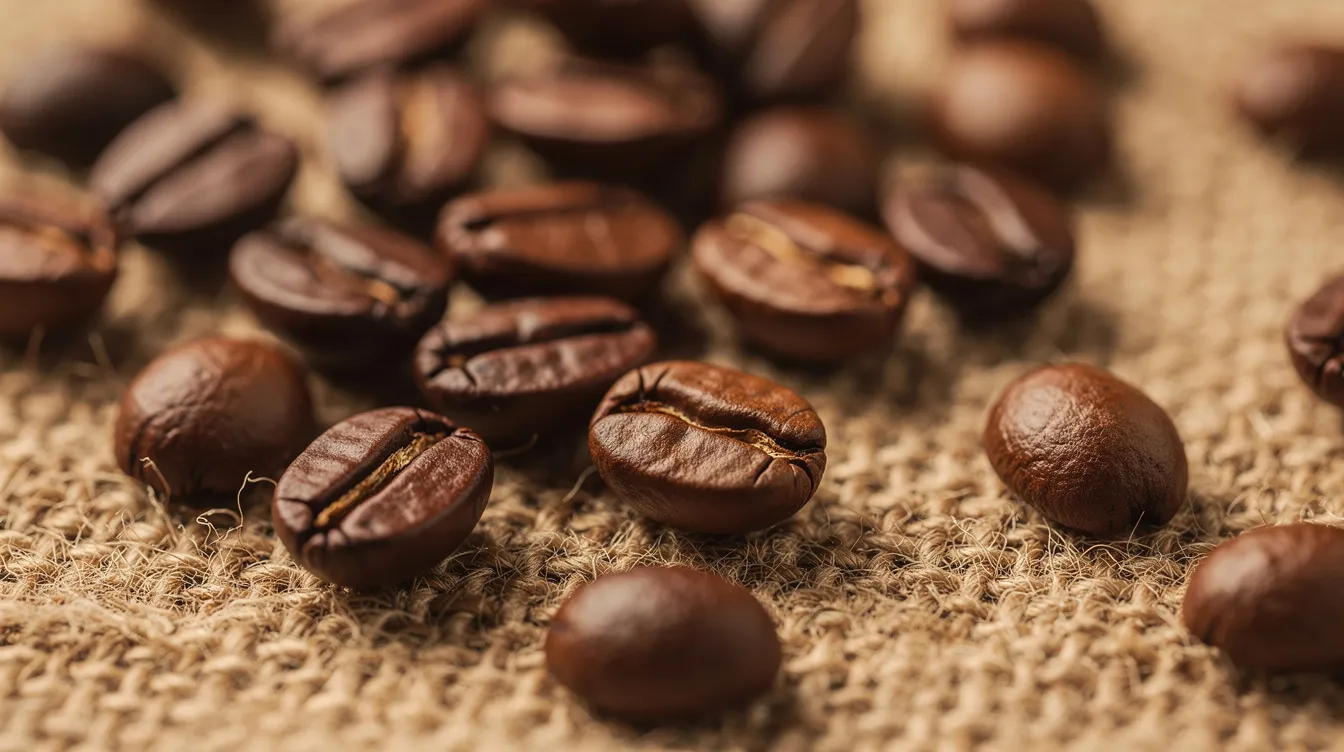 A close-up view of warm brown roasted coffee beans scattered on a burlap surface, highlighting the rich textures and colors typical of Indonesian coffee. This image evokes the essence of specialty coffee, showcasing the unique characteristics of beans from regions like Sumatra and Bali.