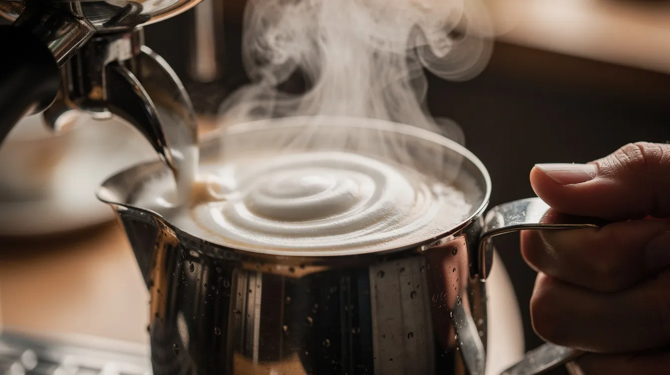 Steam rises from the steam wand of a home espresso machine as it textures milk in a stainless steel pitcher, creating a perfect base for delicious espresso drinks like latte macchiato and latte art. The scene captures the essence of brewing espresso with precision and quality, showcasing the artistry involved in making milk drinks.