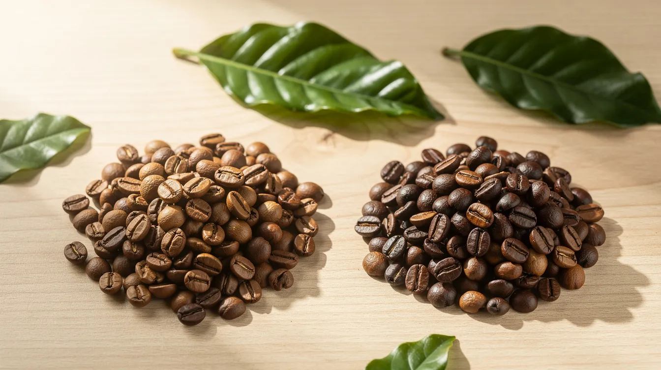 The image shows two small piles of roasted coffee beans on a light wooden surface, one pile featuring lighter Kenyan coffee beans and the other darker Ethiopian coffee beans, with a few green coffee leaves scattered nearby, highlighting the contrast between Ethiopian and Kenyan coffees. This visual representation emphasizes the unique flavor profiles and qualities associated with each type of coffee.