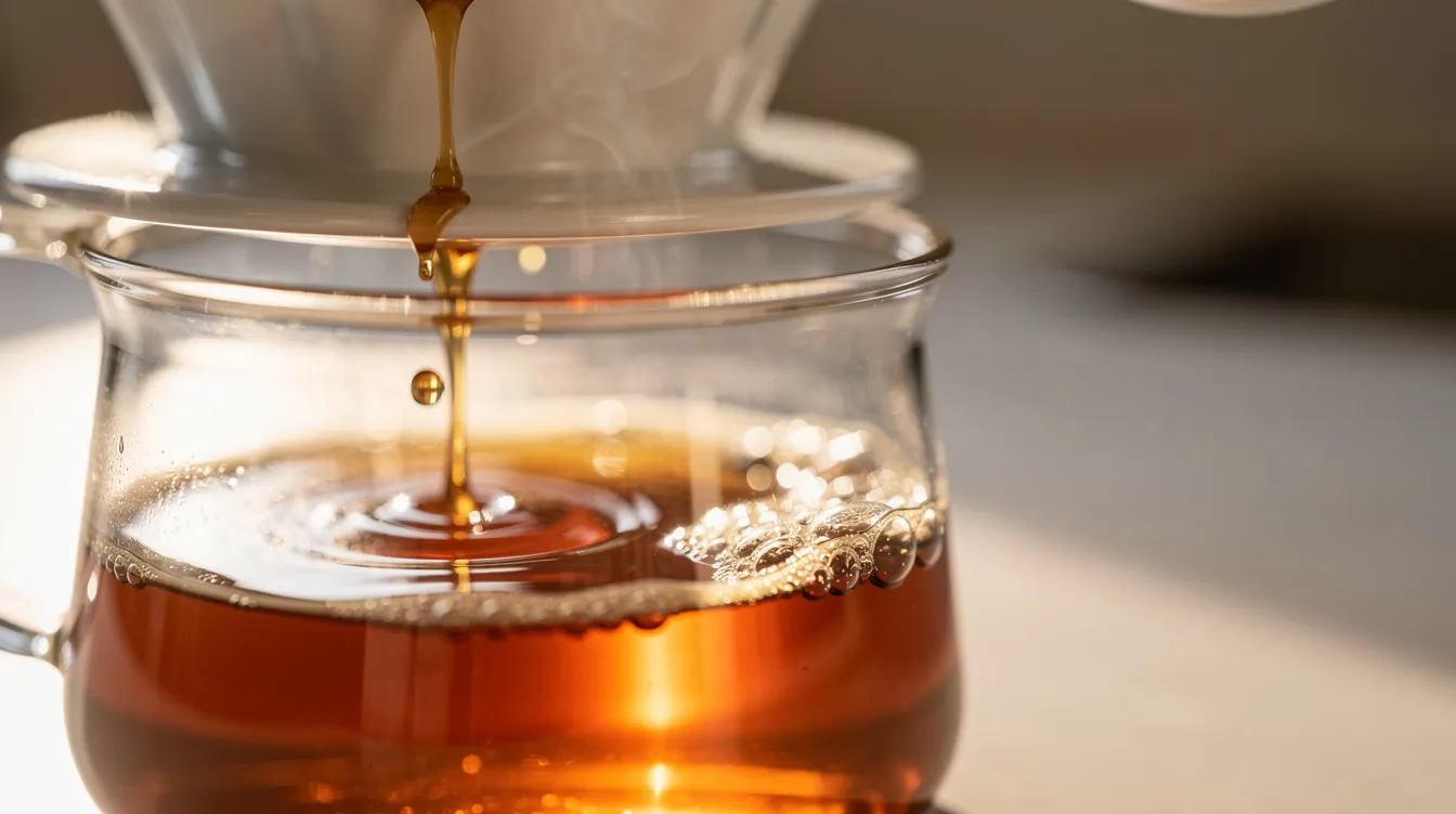 A close-up view showcases light amber coffee dripping through a ceramic pour-over dripper into a glass carafe, highlighting the rich aroma and balanced taste of specialty single origin coffee. This brewing method emphasizes the unique flavor notes, making it a perfect example of the best single origin coffee.
