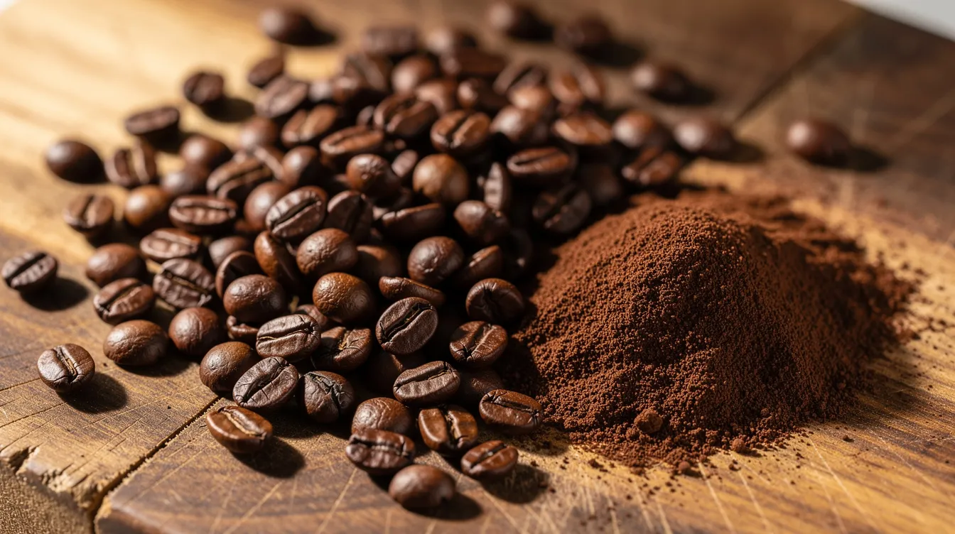 A close-up image features whole roasted coffee beans beside a small pile of freshly ground coffee on a wooden cutting board, showcasing the contrast between whole bean coffee and ground coffee. This visual highlights the importance of grind size in the brewing process, appealing to coffee drinkers looking to enhance their coffee experience.