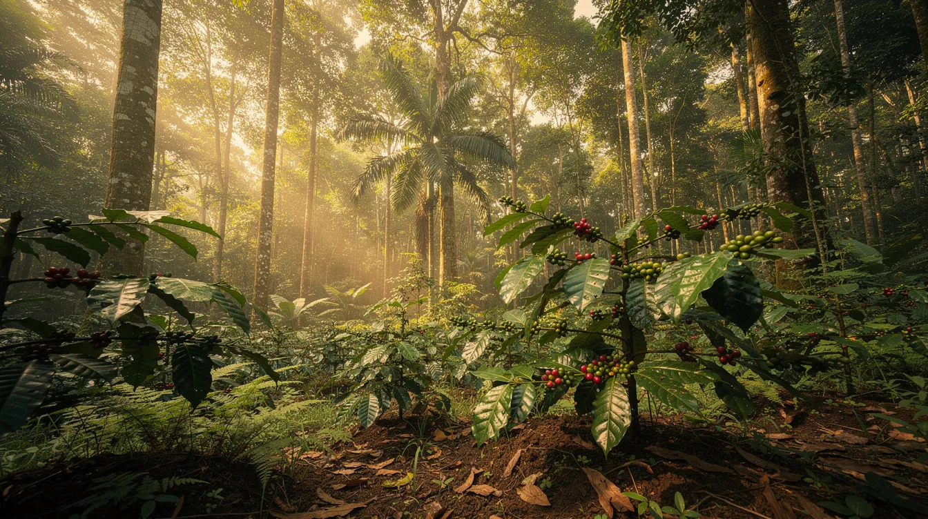 The image depicts shade-grown coffee plants thriving beneath a lush canopy of tall tropical trees, highlighting sustainable farming practices that support organic coffee production. This environment not only enhances the quality of the coffee beans but also promotes fair trade standards, benefiting coffee farmers and their communities.