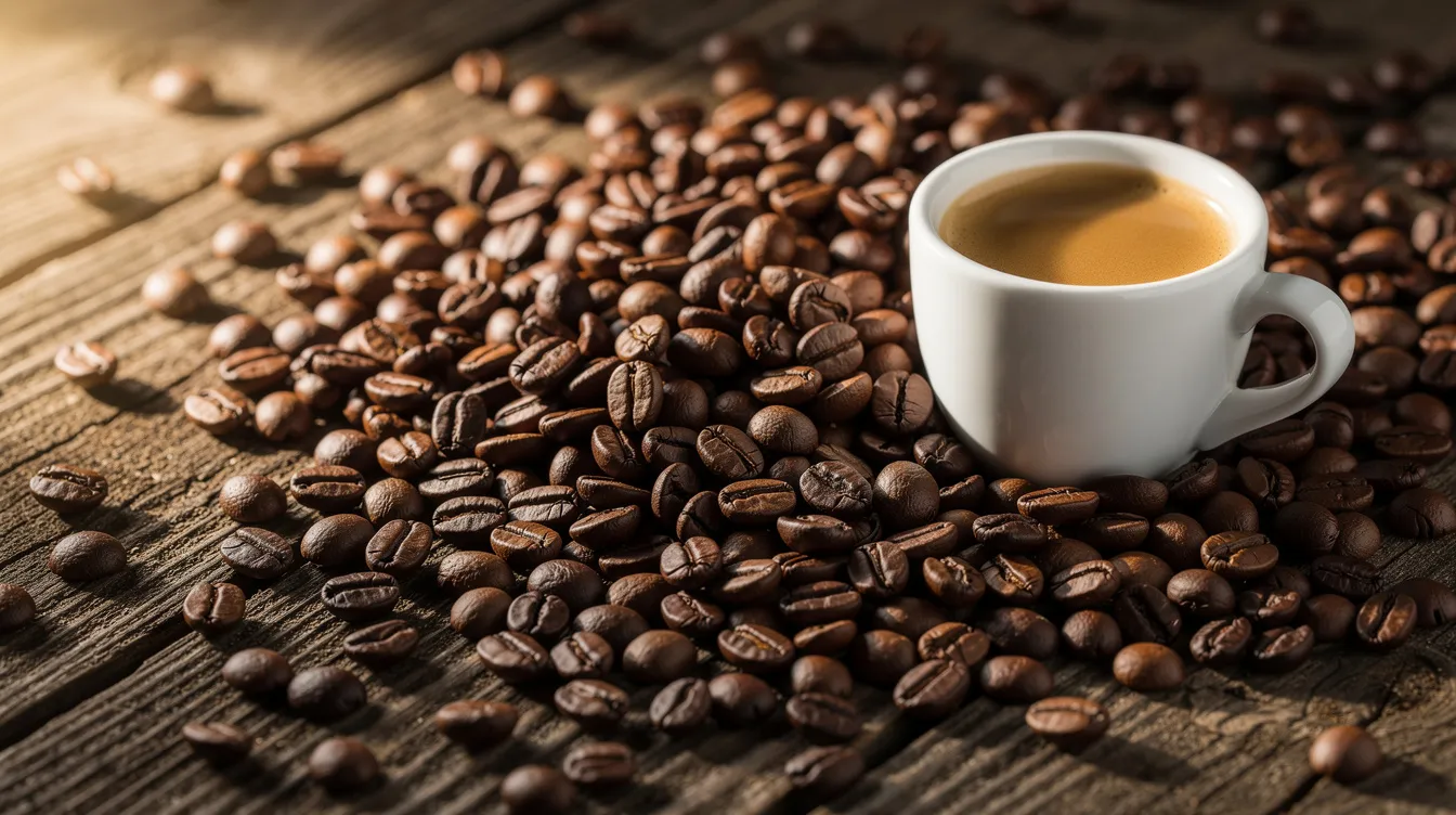 A rustic wooden surface is adorned with whole coffee beans, showcasing the rich textures and colors, while a ceramic espresso cup sits nearby, suggesting a perfect moment to enjoy Costa Rican coffee. The scene evokes the essence of coffee cultivation in Costa Rica, highlighting the country's dedication to producing high-quality beans with rich flavors and bright acidity.