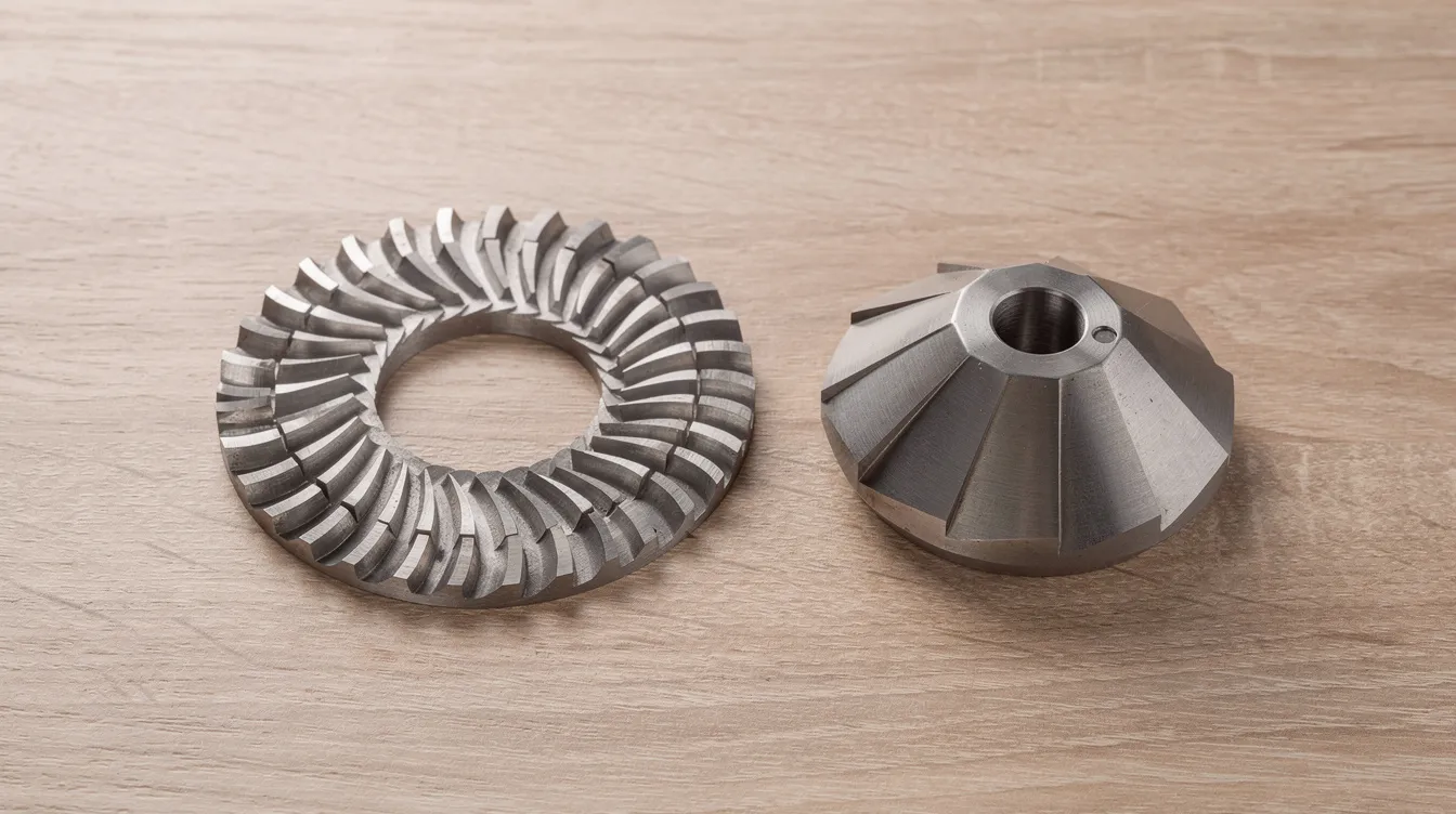 The image features flat steel burrs and conical steel burrs placed side by side on a light wooden surface, highlighting essential components of high-quality coffee grinders. This comparison showcases the different burr types used to grind coffee beans, emphasizing their role in achieving consistent grind quality for various brewing methods like espresso and pour-over.