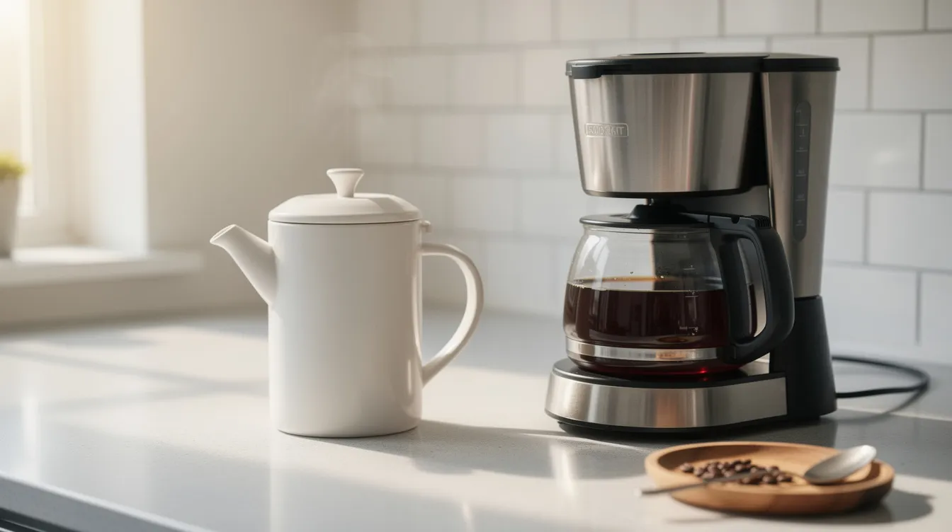 The image features a ceramic French press alongside a stainless steel automatic drip coffee machine on a sleek modern kitchen countertop, perfect for coffee drinkers who appreciate both freshly brewed coffee and the convenience of drip coffee. The setup suggests a blend of traditional and modern coffee brewing techniques, ideal for enjoying a solid cup of morning coffee.
